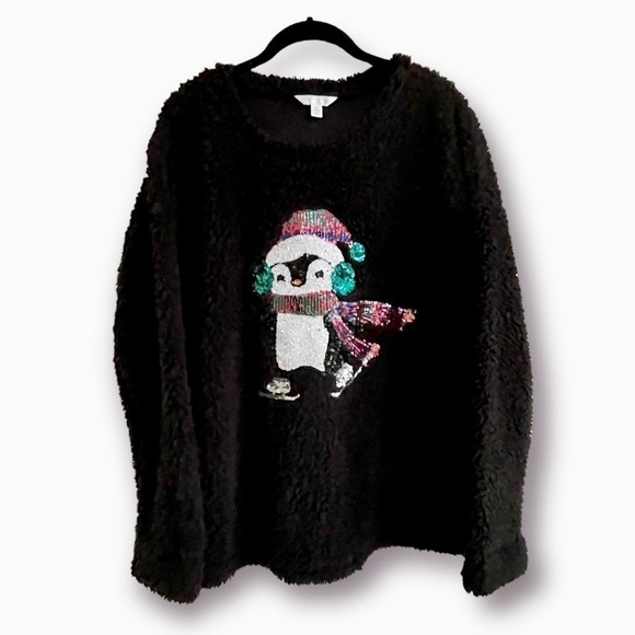 BLACK SHERPA, CHRISTMAS PULLOVER, SIZE 4/6. TIME & TRU BRAND. PENQUIN ON FRONT. - Picture 1 of 5